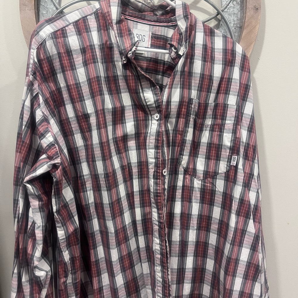 BDG women’s Red and Gray Plaid Button Down Shirt